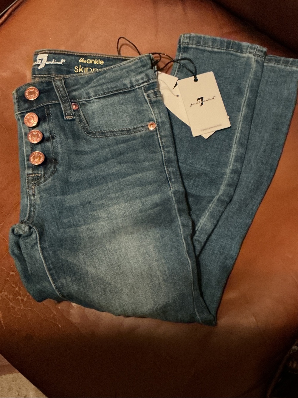 7 For All Mankind Medium Blue Ankle Skinny Jeans with Copper Buttons